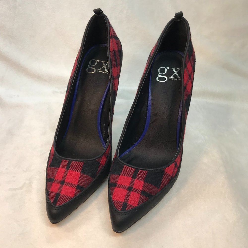 EUC GX by Gwen Stefani Trio Pump in Red Plaid with Black Faux Leather Trim